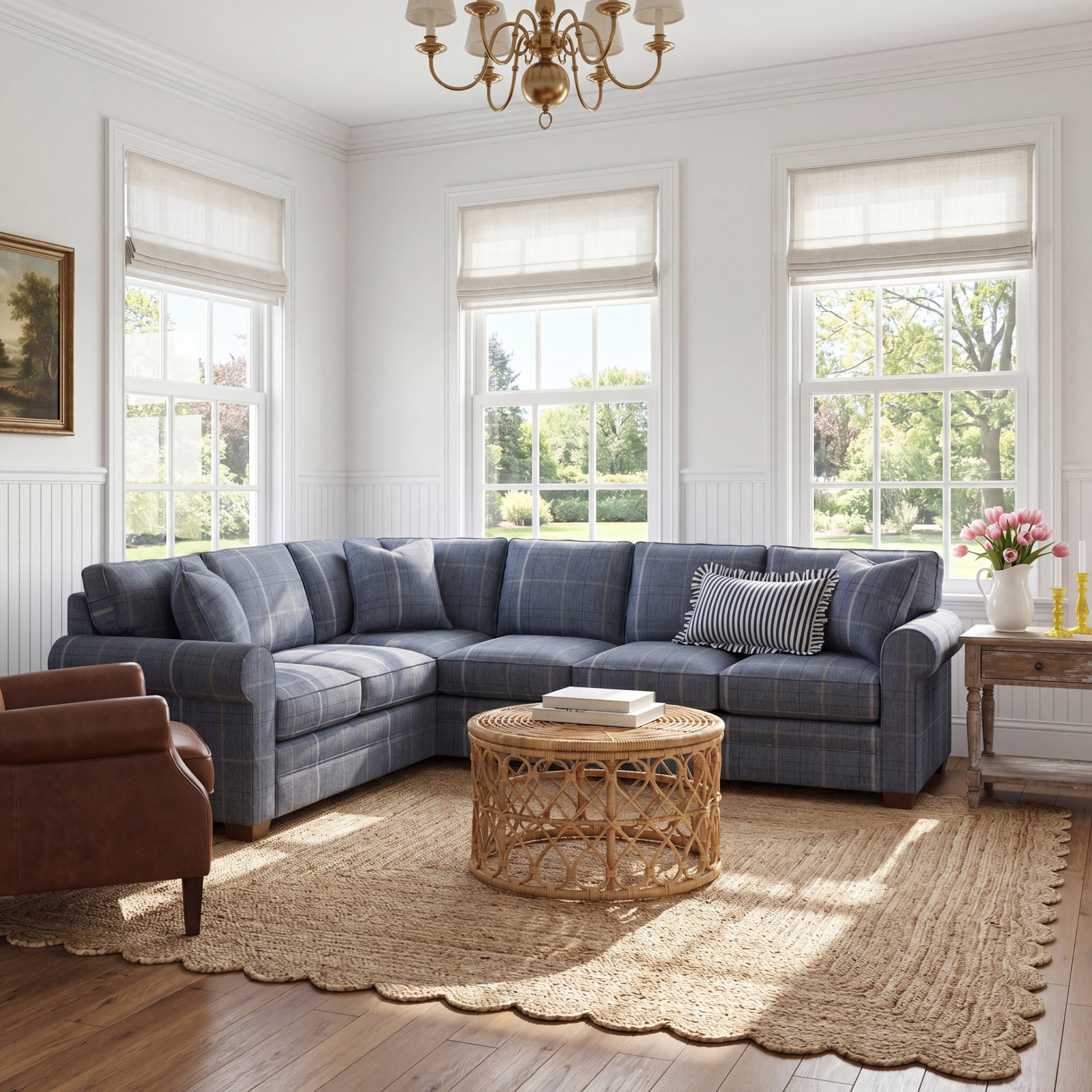 Bedford Upholstered L-Sectional, Havana Finish, Lapis Plaid; 0126-63, Left Hand Facing