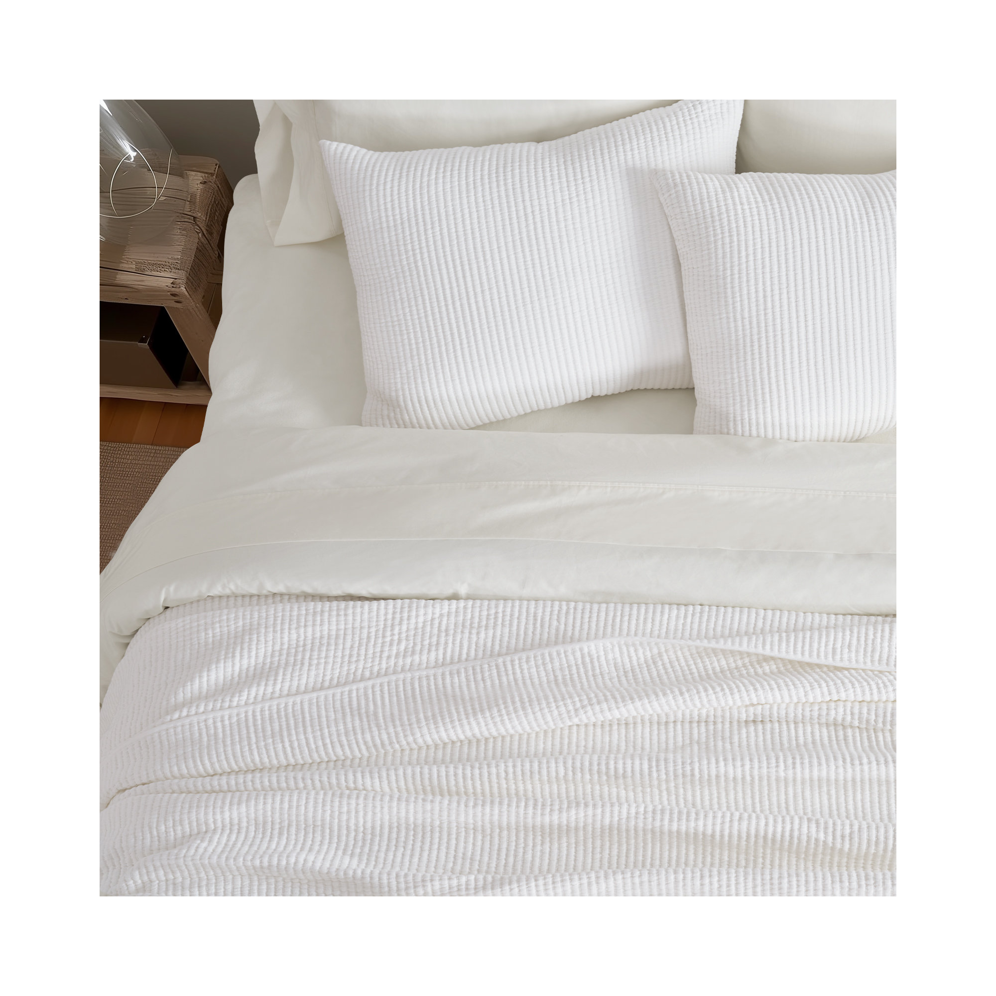 Ribbed Matelassé Cotton Coverlet Set, King Quilt + 2 King Shams, Bright White