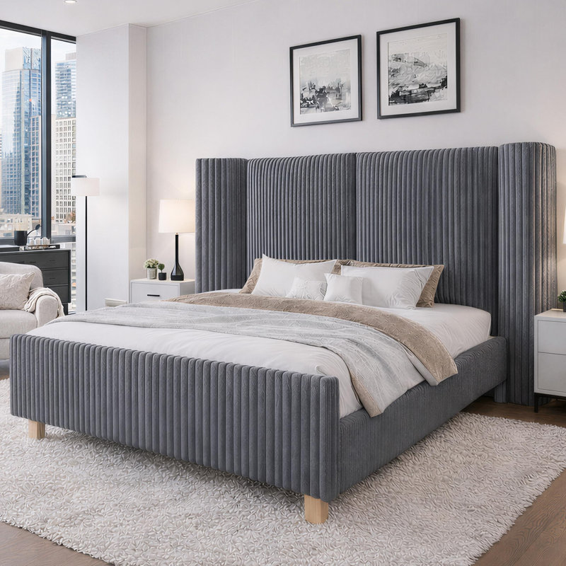 Upholstered Platform Bed Frame with Tall Wingback Headboard, Corduroy Modern Design,No Box Spring Needed, Easy Assembly, Gray