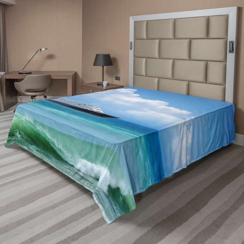 Ambesonne Nautical Top Flat Sheet Waves Ship Travel Blue, King Flat Sheet