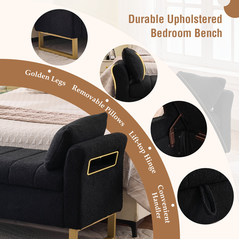 66"W Upholstered Flip Top Teddy Storage Bench King Size with Gold Legs,Curverd Armrest and 2 Pillows , Black, 67"W