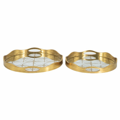 Round Gold Plastic Mirror Trays with Geometric Motif - L:D15.5x1.7" S:D14x1.7"