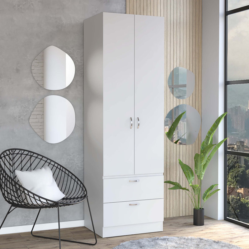 Armoire-penderie 76 po avec 2 tiroirs, Blanc