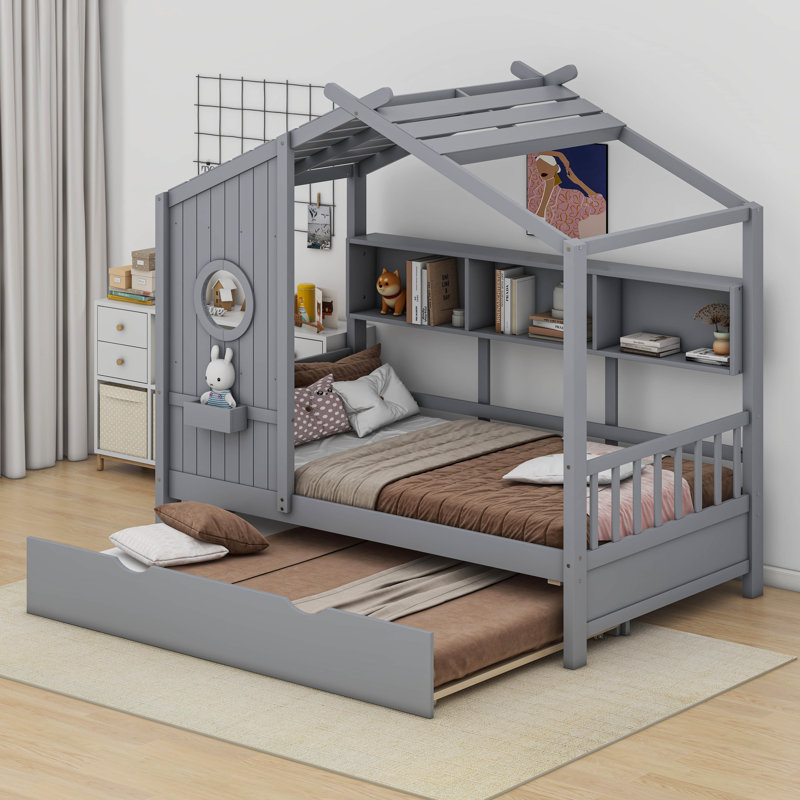 Lit avec lit gigogne et rangement Anallely, Gris, Simple