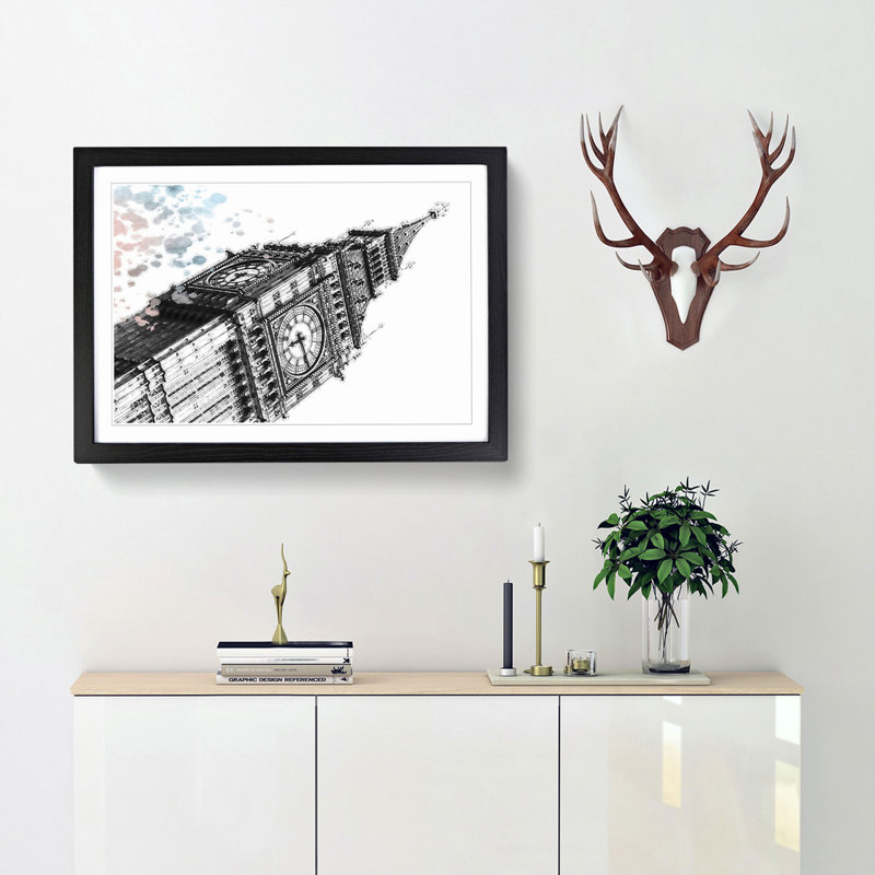 Big Ben in London in Abstract - Picture Frame Painting Print, 36cm H x 48cm W x 2cm D, Black Framed