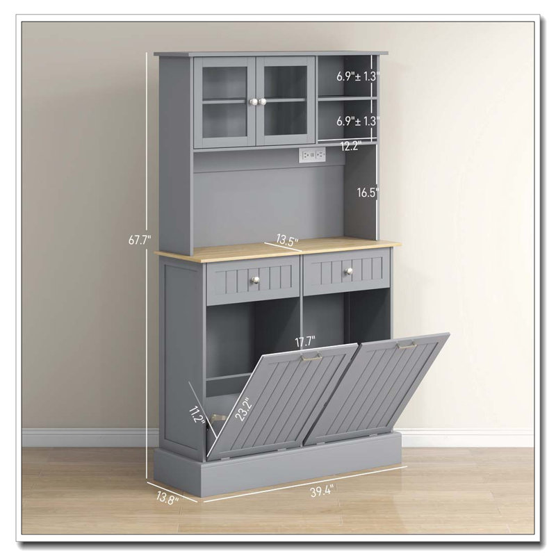 Armoire de rangement pour garde-manger 68 "avec station de charge, 2 armoires à ordures inclinables et support pour micro-ondes