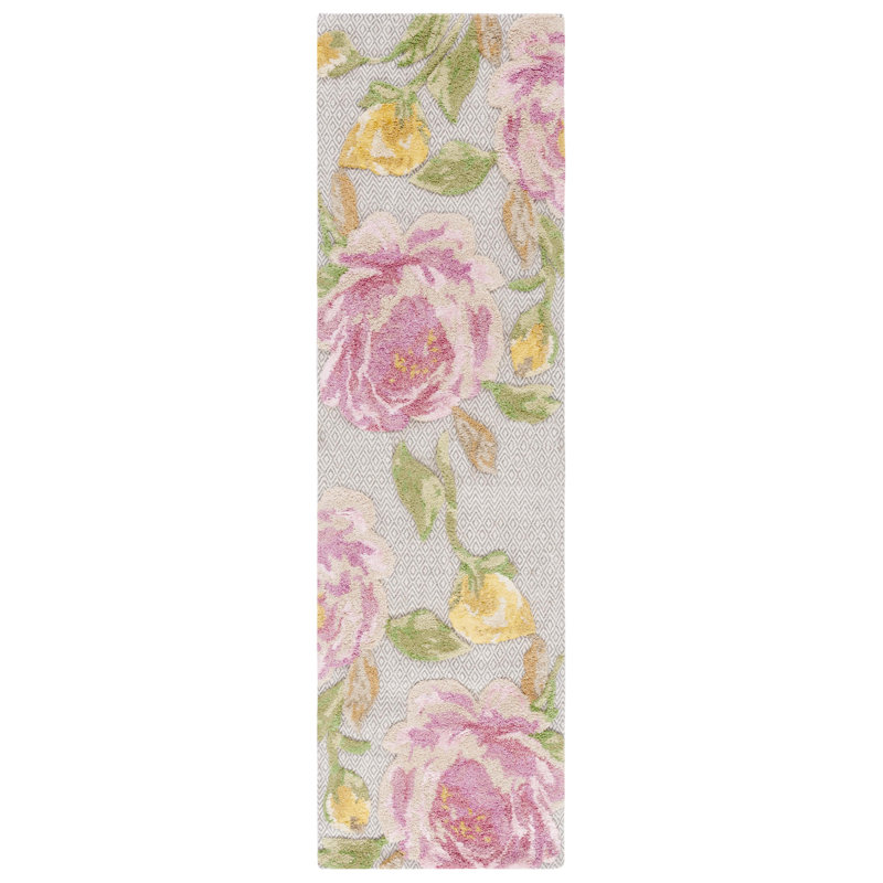 Albertice Floral Hand Tufted Wool/Cotton Area Rug in White/Pink, Runner 2'3" x 8'