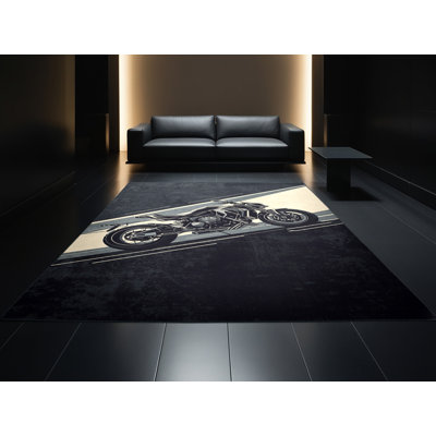 Machine Washable Maurice Cyberpunk Motorcycle Modern Geometric Rug in Gray – Black Binding