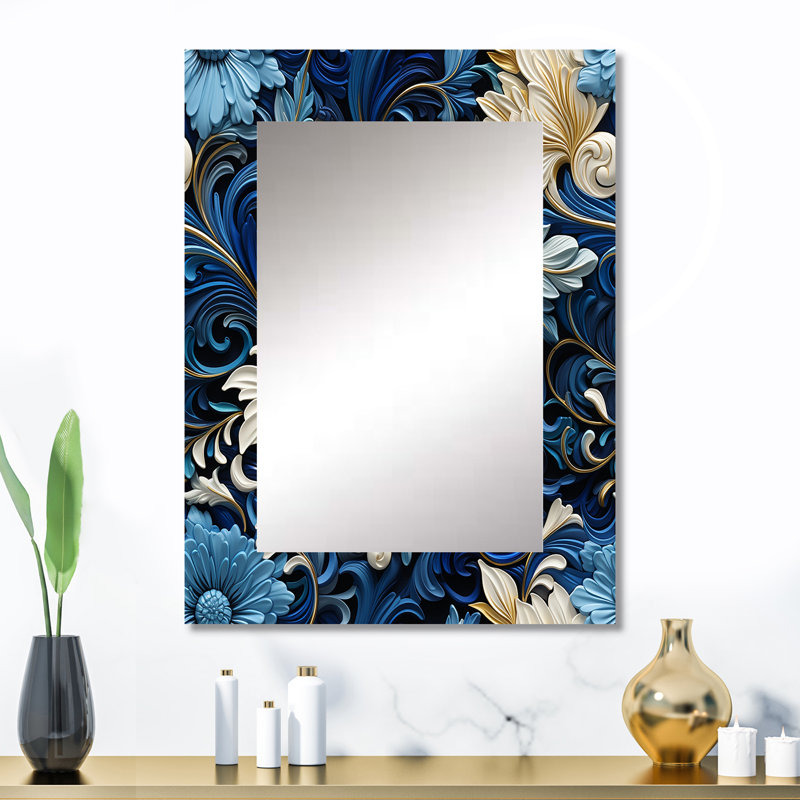 Motif victorien tourbillon de volutes bleu cobalt Hutchins - miroir décoratif floral, 32 po x 24 po