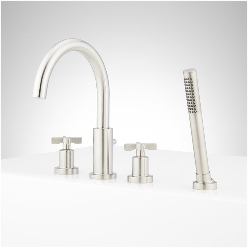 Vassor 4-Hole Roman Tub Faucet and Hand Shower with Rough-In Valve - Brushed Nickel, Brushed Nickel
