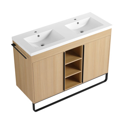 Oak Wood Freestanding Vanities With Resin Double Sink, Modern Design