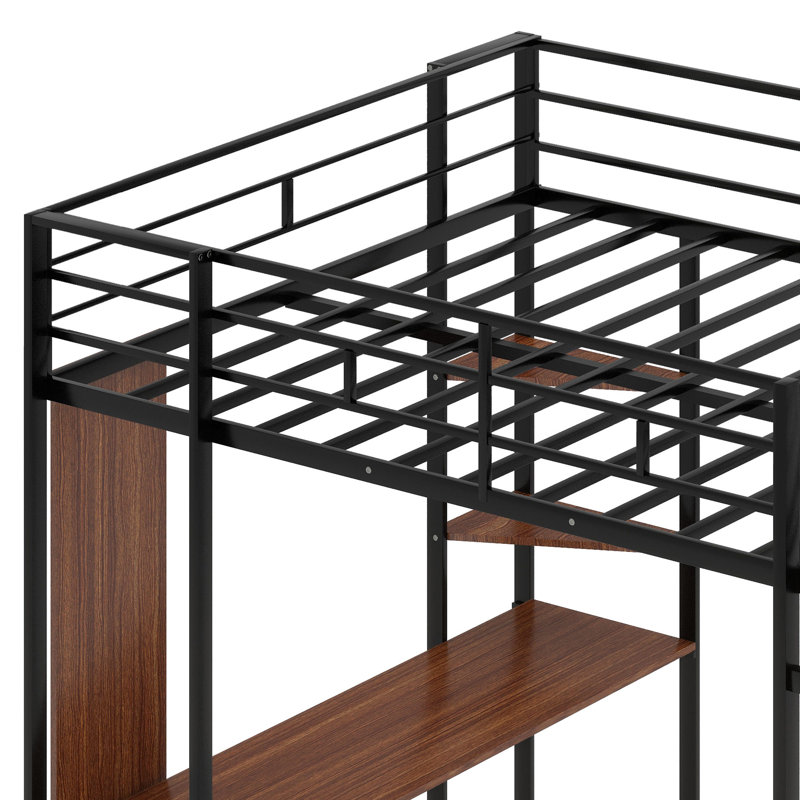 Metal Loft Bed With Shelves And Desk, Black