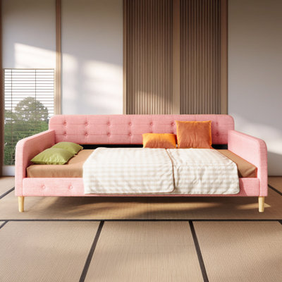 Queen Size Upholstered Daybed with Armrests and Wood Frame, Linen Fabric Sofa Bed by Lark Manor