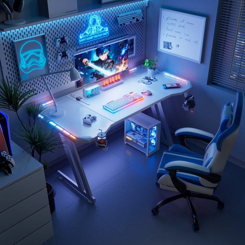 63 Inch LED Gaming Desk with RGB Lights, Large Computer Desk with Cup Holder, Headphone Hook & Mouse Pad, Modern Ergonomic PC Table for Home Office Gaming Setup, White
