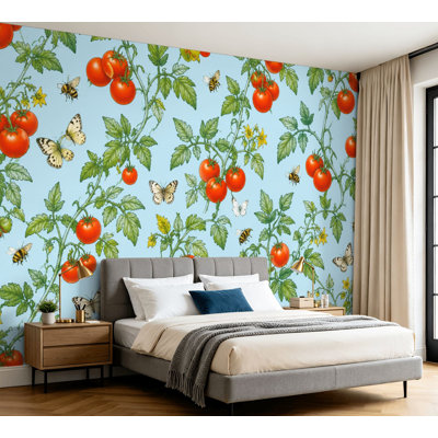 Wall Mural Peel and Stick Wallpaper Tomato Vine Red Tomatoes Green Leaves Bees Butterflies Light Blue Self-Adhesive Removable Contact Paper Wall Decor for Living Room Bedroom 100"H x 144"W