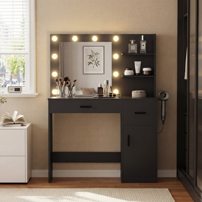 Vanity Table Set with Lights, Mirror & Storage, Makeup Vanity Desk with Power Outlet for Bedroom, Black