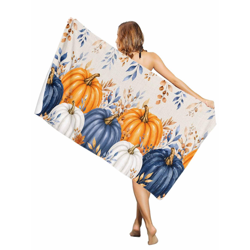 Thanksgiving Pumpkin Fall Leaf Beach Towel Oversized Pool Towels,Quick Dry Absorbent Large Beach Blanket Soft Sand Free Bath Towel, 36 x 72 inAnd a canvas bag with the same printed beach towel will be given as a gift