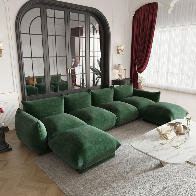 Cath 4-Seat Chenille Fabric Upholstered Sectional Sofa With 2 Ottoman, Green Chenille