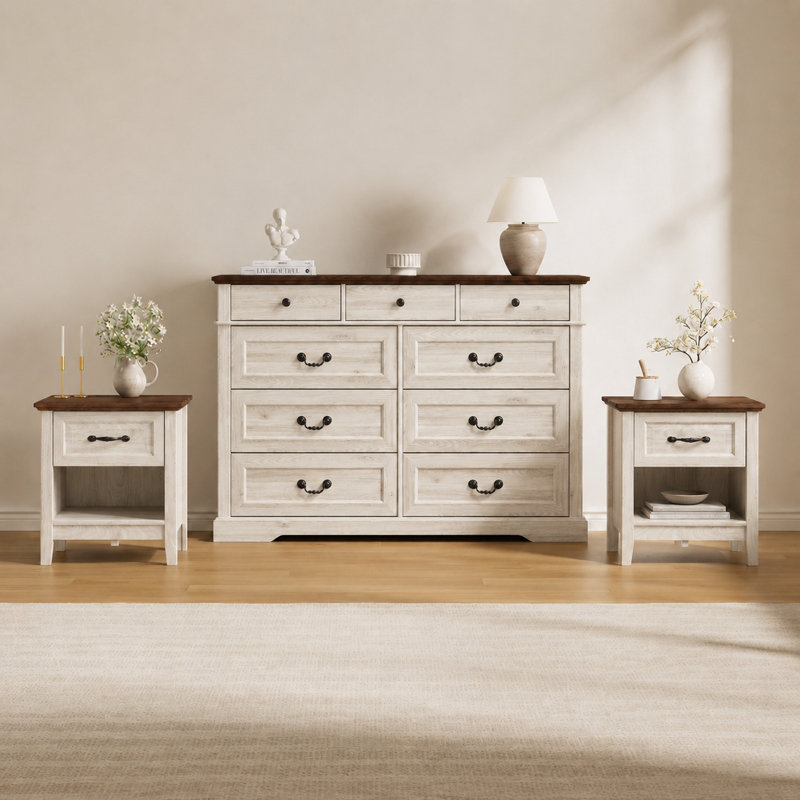 L'ensemble de chambre à coucher 3 pièces comprend une commode à 9 tiroirs et deux tables de chevet, Blanc