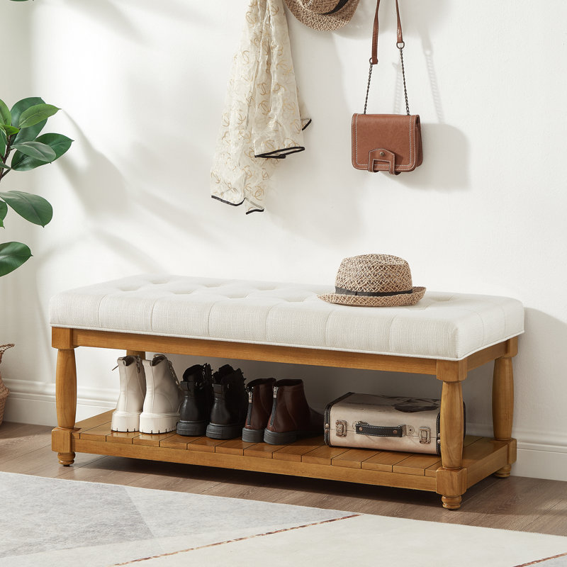Banc rembourré en lin avec tablette de rangement - Banc repose-pieds capitonné pour le vestibule de la chambre à coucher, pieds en bois massif, ivoire