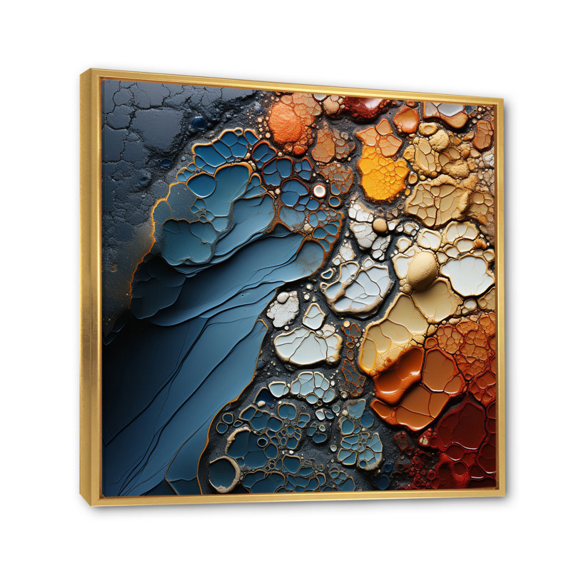 Art mural bleu et orange - formes abstraites, 36" H x 36" W, Cadre flottant doré