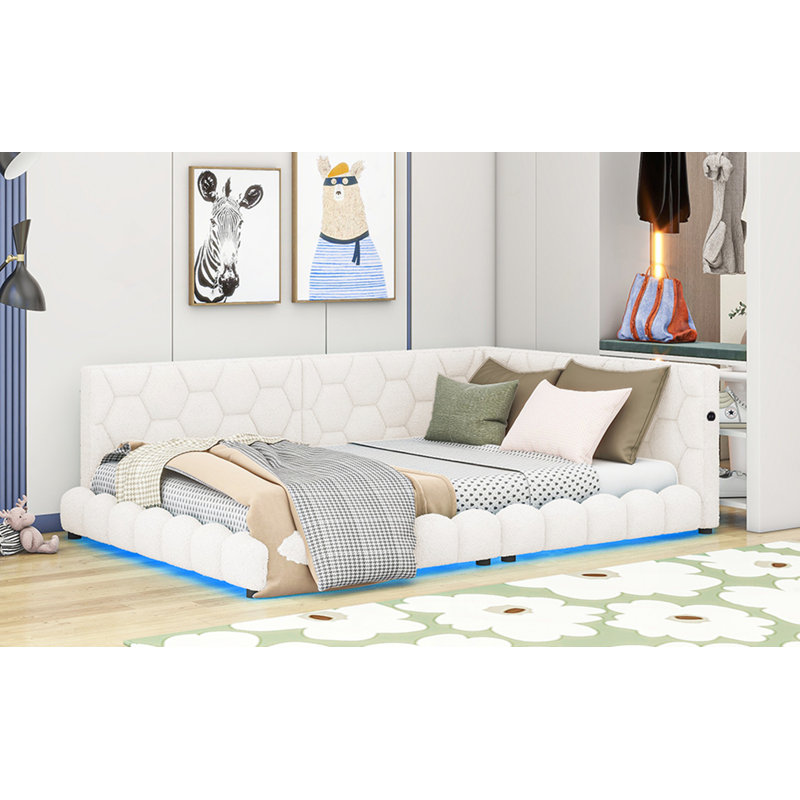 Lit plateforme tapissier pleine grandeur avec ports USB et ceinture à DEL, blanc, Blanc