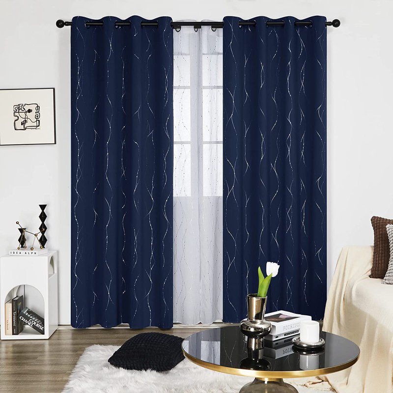 Senath Dotted Line Foil Printed Room Darkening Thermal Curtains, 117cm W x 183cm D, Navy Blue