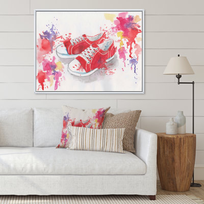 Paire rouge de chaussures de sport rétro - peinture sur toile