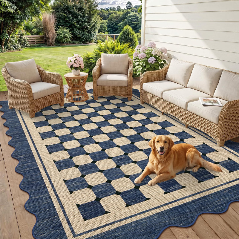 Jute Area Rug Modern Checkered Rug Washable Scalloped Area Rugs Non-Slip Carpet for Living Room Bedroom Dining Room Kitchen Porch Entryway