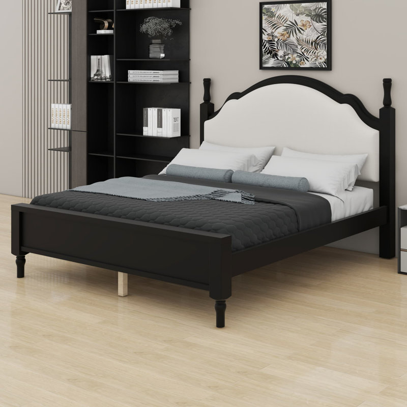 Base de lit plateforme classique en bois avec tête de lit tapissier luxueuse, Structure noire + tissu beige