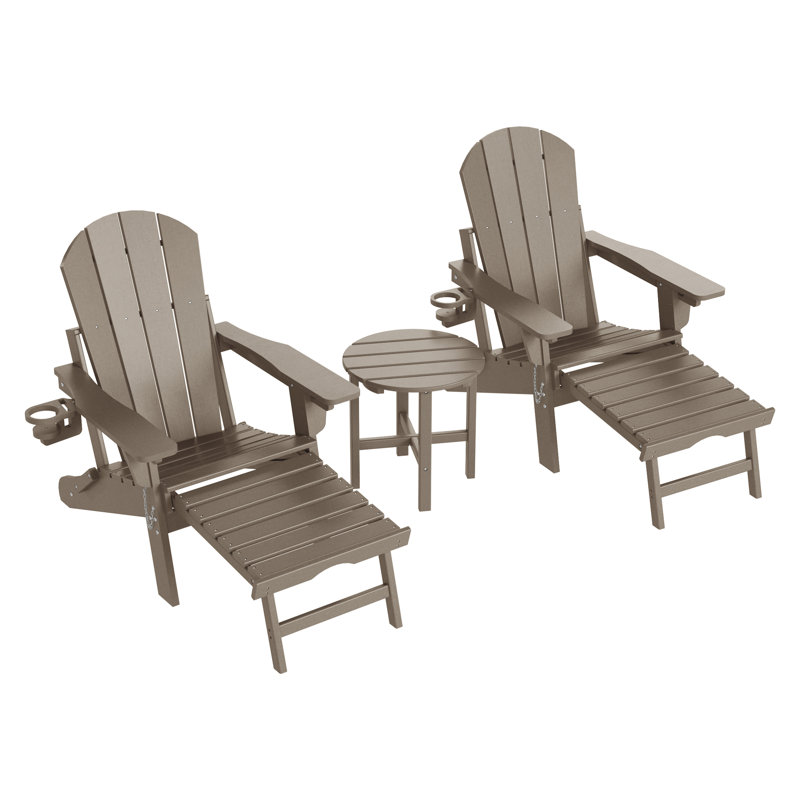 Chaise Adirondack d'extérieur réglable et pliante avec repose-pieds dissimulé et table d'appoint ronde, Bois vieilli