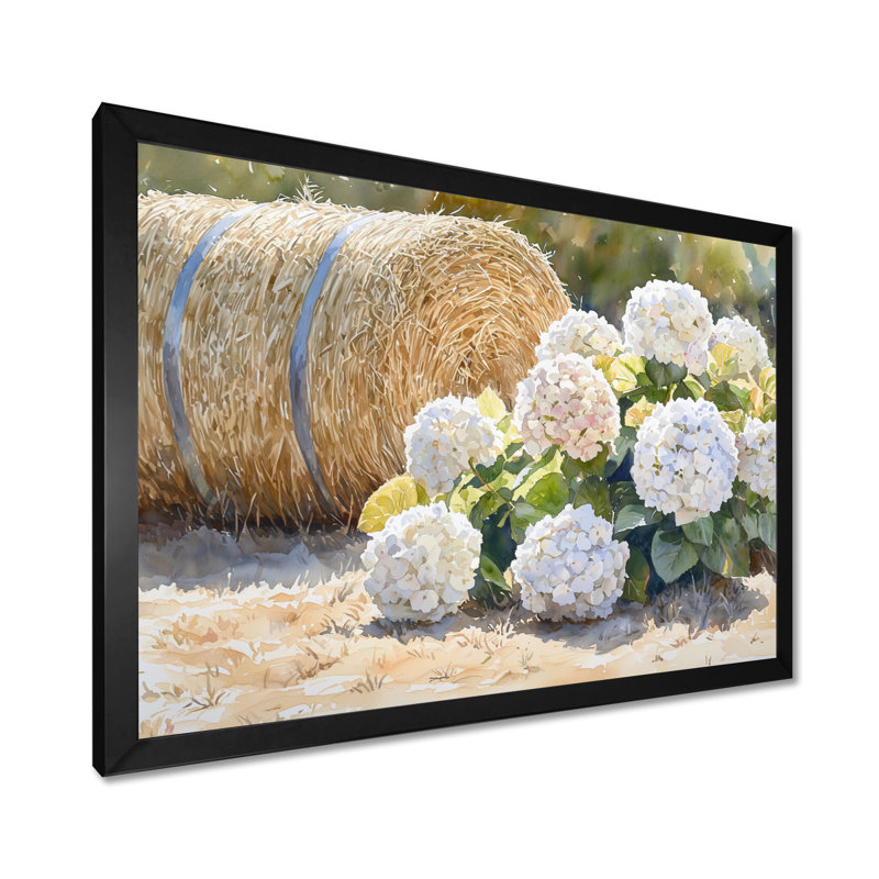 Hortensias dans la cour I - art mural grand hortensia, Reproduction encadrée d'une seule photo sans pass, Noir