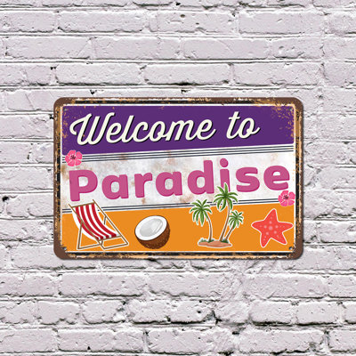 Welcome To Paradise Vintage Style 8 Inch x 12 Inch Plastic Sign