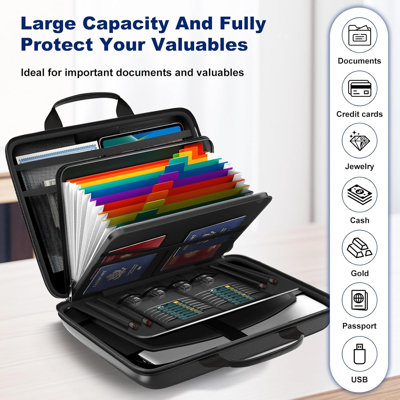 Hard Case Fireproof File Organizer with Lock and 13 Pocket Accordion File Folder