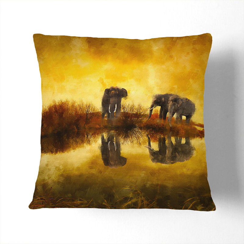 Elephants At Sunset Square Throw Cushion, 40cm H x 40cm W x 15cm D, Black
