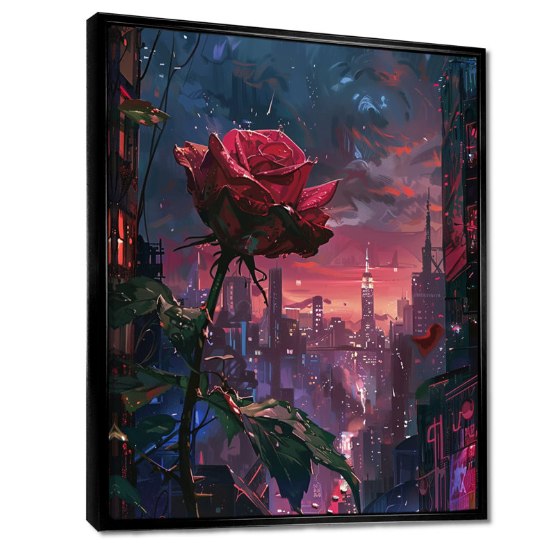 Rose rouge, coucher de soleil urbain II, art mural salon rose, Toile avec cadre flottant noir, H 20 po x l 12 po x P 1 po