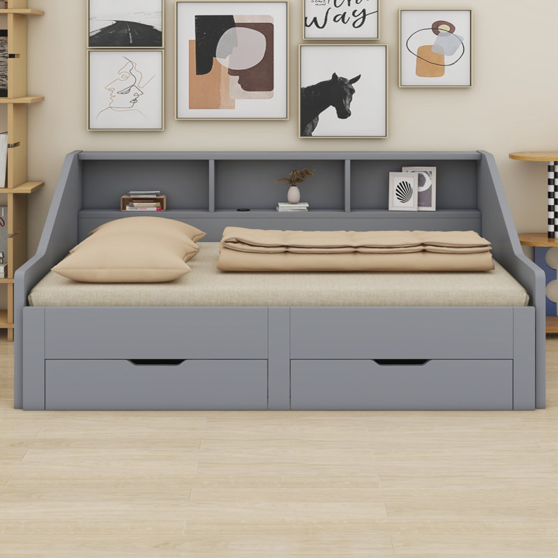 Daybed Frame With Storage Bookcases And Two Drawers,Charging Design, Gray