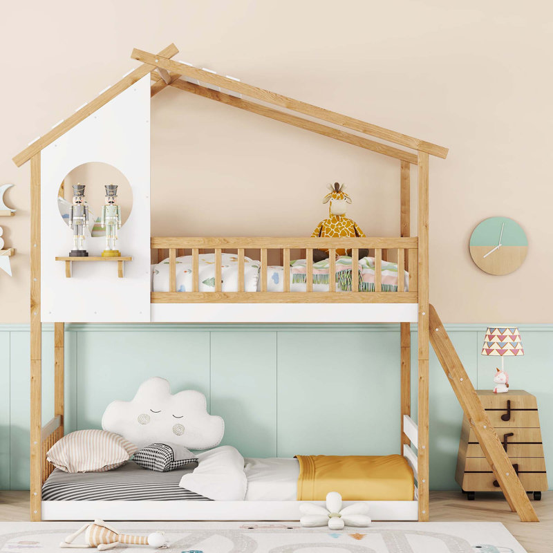 Twin Over Twin Bunk Bed Wood Bed with Roof,Window,Ladder