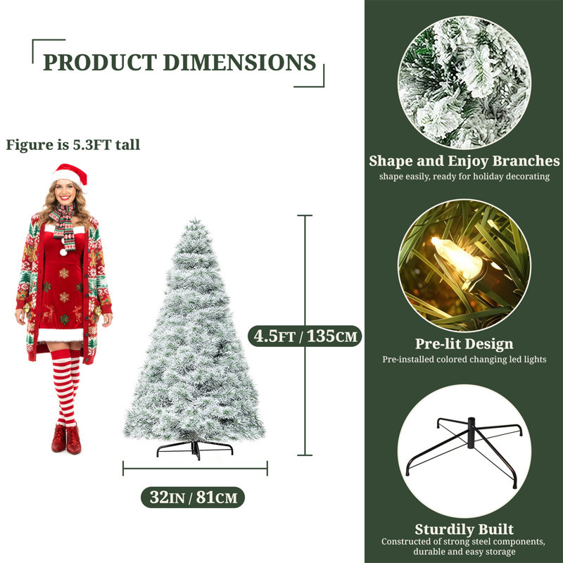 Arbre de Noël enneigé, arbre de Noël artificiel avec lumières chaudes, conception à charnières et base en métal, H 4,5 pi
