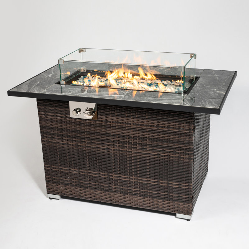 Table de foyer d'extérieur au propane 50000Btu avec plateau en céramique, extérieur de 44 pouces, rectangulaire, couvercle, housse de pluie, pierres de verre brillantes, table de couleur, foyer de table, brun foncé scintillant