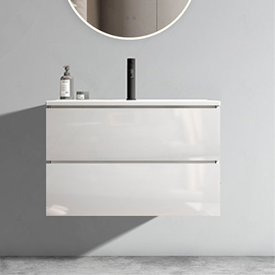 Meuble-lavabo suspendu moderne de 76 cm (30 po) avec lavabo en céramique intégré, ensemble de vanité à double tiroir à fermeture douce et finition brillante, préassemblé