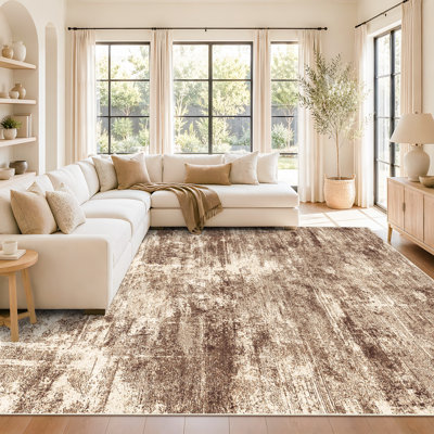 Washable Abstract Area Rug - Rugs for Living Room Large Non Slip Indoor Entryway Rubber Backing Carpet Bedroom Kitchen Distressed Stain Resistant Floor Decor Mat Machine Washable Brown