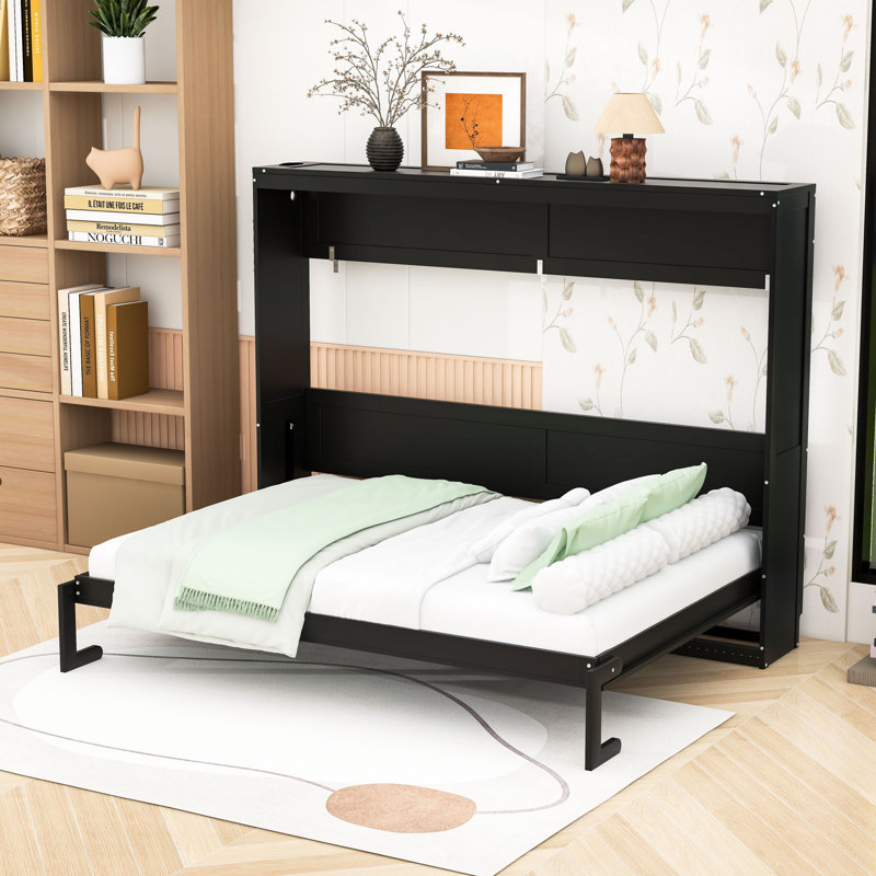 Lit escamotable avec éclairage DEL sous le lit et prise USB intégrée, Noir, Grand lit