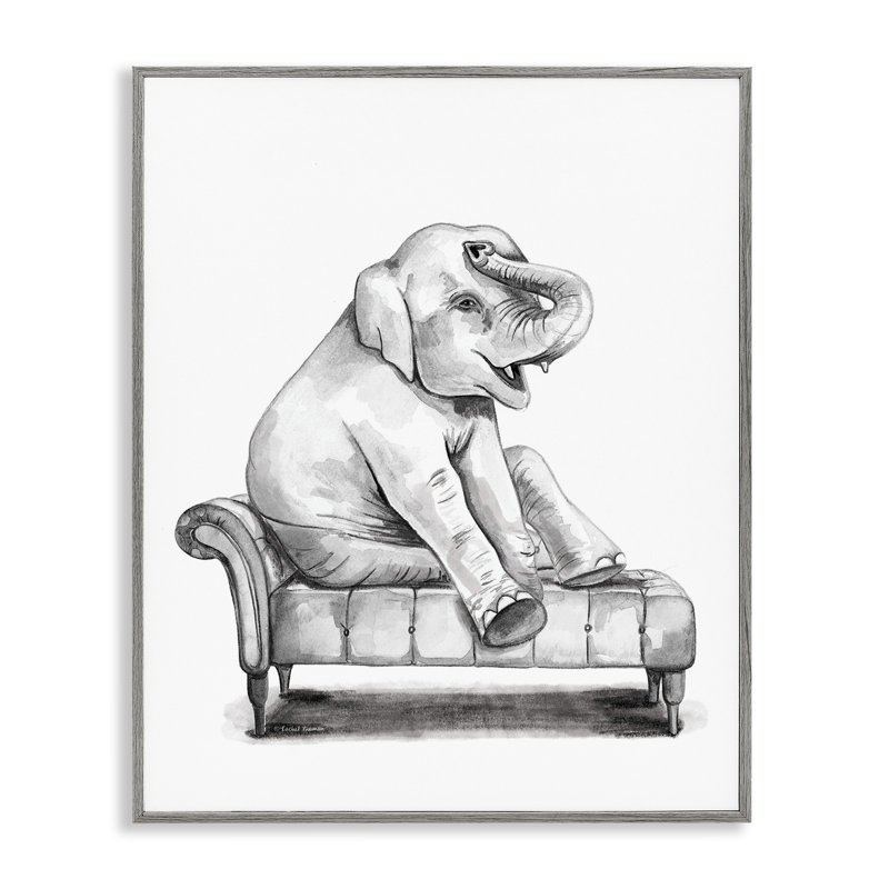 «Happy Elephant On Chaise», art de la giclée par Rachel Nieman, H 14 po x l 11 po, Estampe numérique Farmhouse