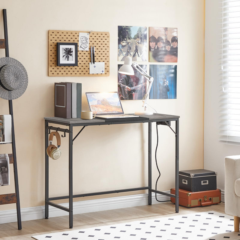 Computer Desk, Home Office Desk With Power Outlet, Modern Study Writing Desk With 3 Hooks For Study Room, Home Office, Sturdy And Stable, Easy To Assemble, Charcoal Gray And Black