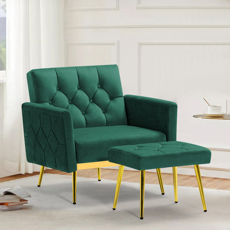 Zianny Velvet Accent Chair with Ottoman, Green Velvet