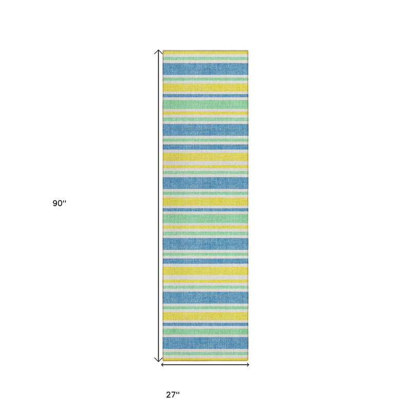 2' X 8' Blue Yellow and Green Striped Washable Non Skid Indoor Outdoor Runner Rug