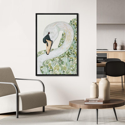 Cygne avec variété de feuilles botanique moderne bohème BCBG, impression sur toile encadrée