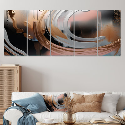 «Abstract Golden and Pink Infinity Rivers I», art abstrait à encre liquide 5 pièces