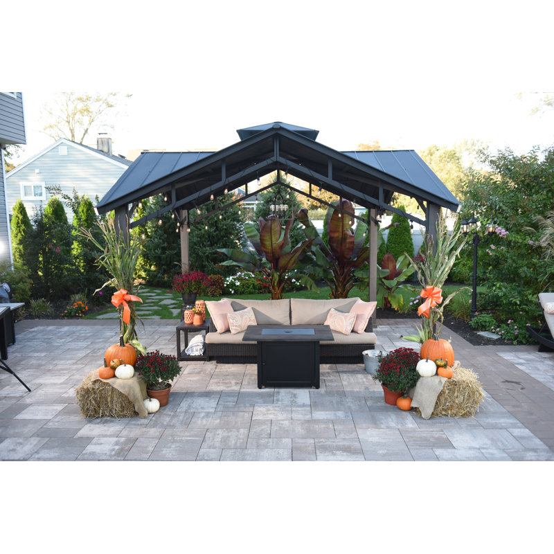 Kamden 40" x 28" Black Steel Gas Fire Pit Table with Faux Wood Mantel